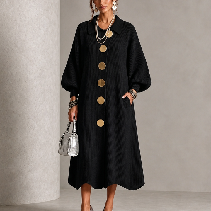 Damen Rippstrick Maxikleid Mit Laternenärmeln Und Goldenen Knöpfen