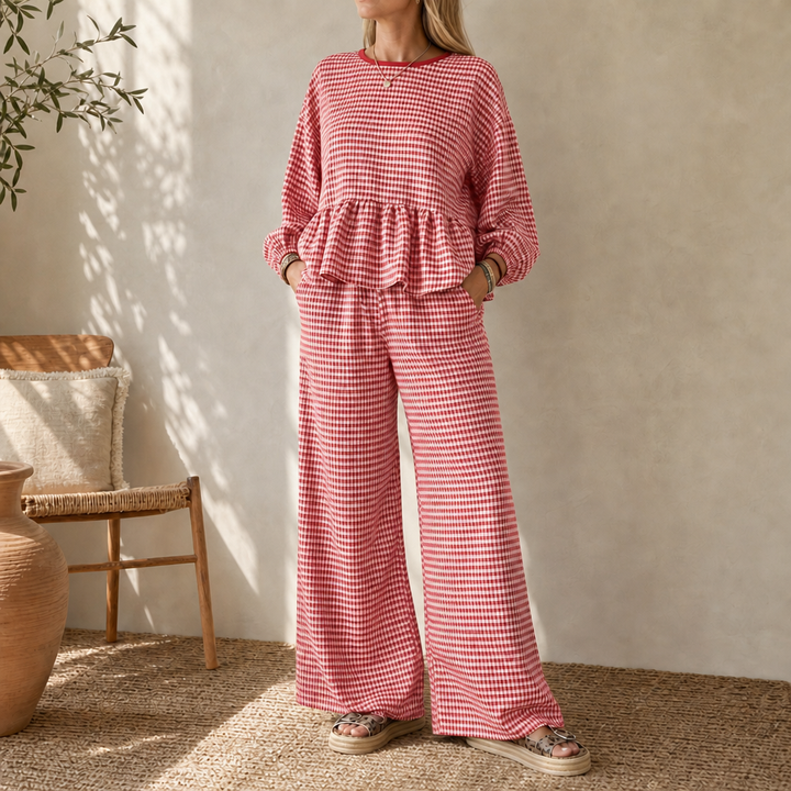 Elara | Gingham-Zweiteiler mit Peplum-Oberteil und weiter Hose