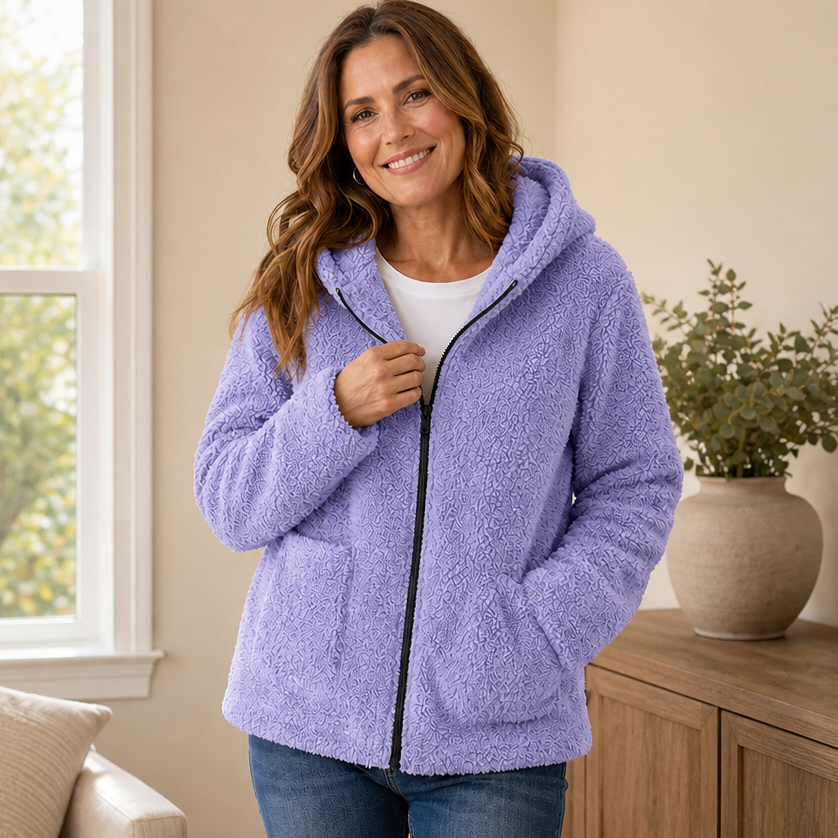 Damen Plüschfleece Jacke Mit Kapuze