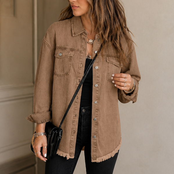 Damen Jeansjacke Mit Fransensaum Vintage Waschung