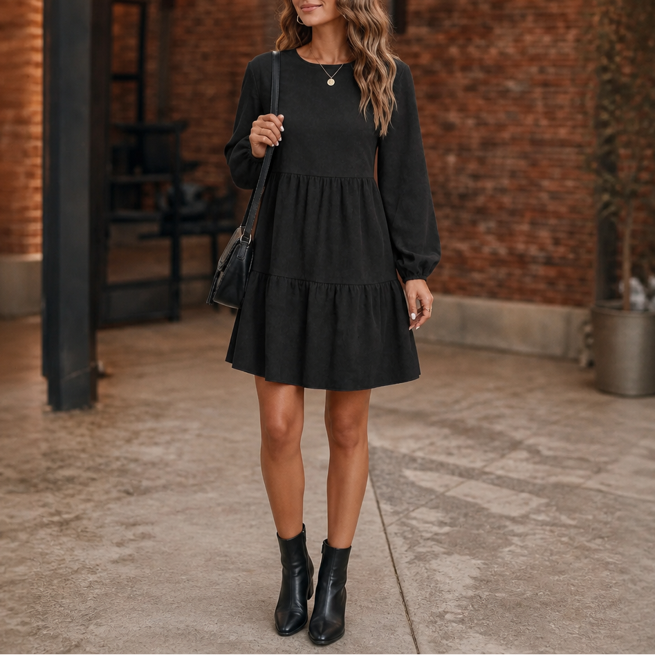 Damen Kleid Langarm Volants Gestuft