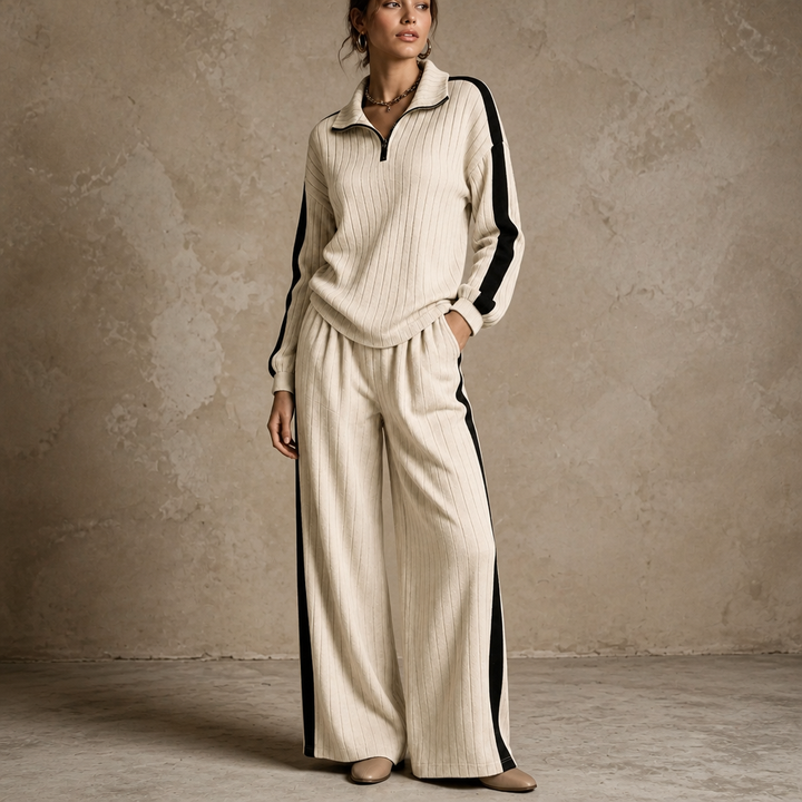 Damen Loungewear-Set geripptes Oberteil mit Halbreißverschluss und weiter Hose