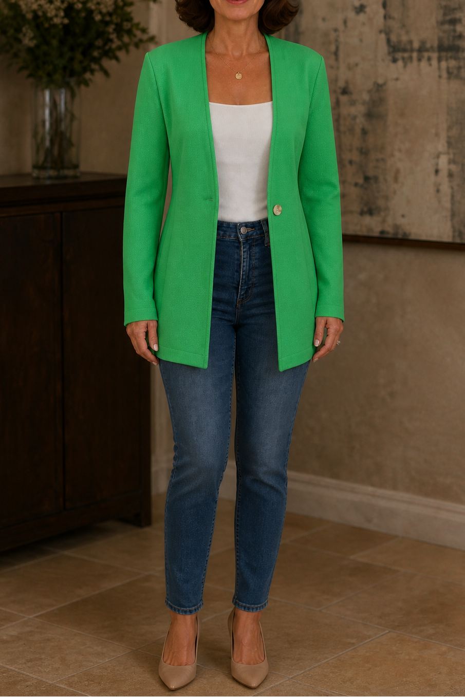 Damen Blazer V-Ausschnitt A-Linie Mit Einem Knopf