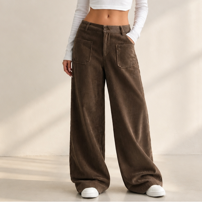 Damen Cordhose Hohe Taille Weites Bein Stretch