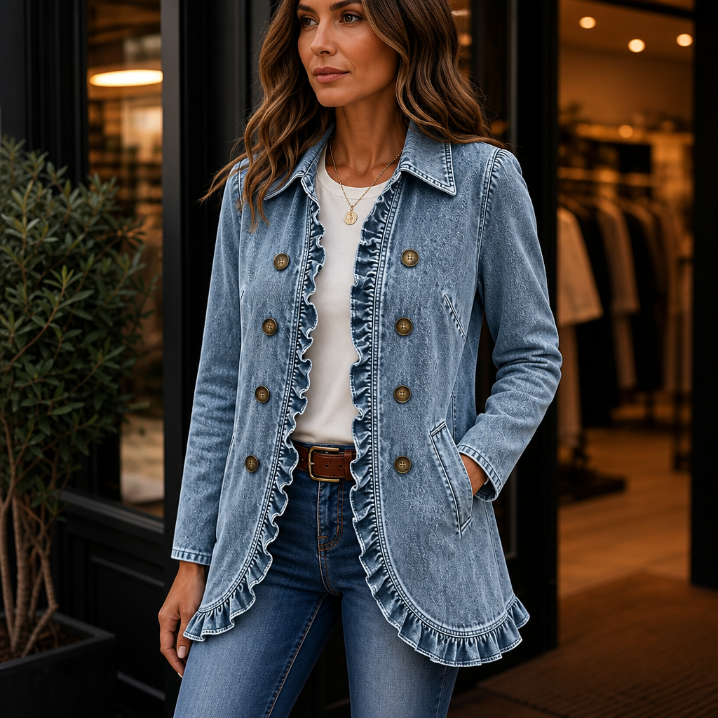 Damen Jeansjacke Mit Rüschen Und Knopfleiste