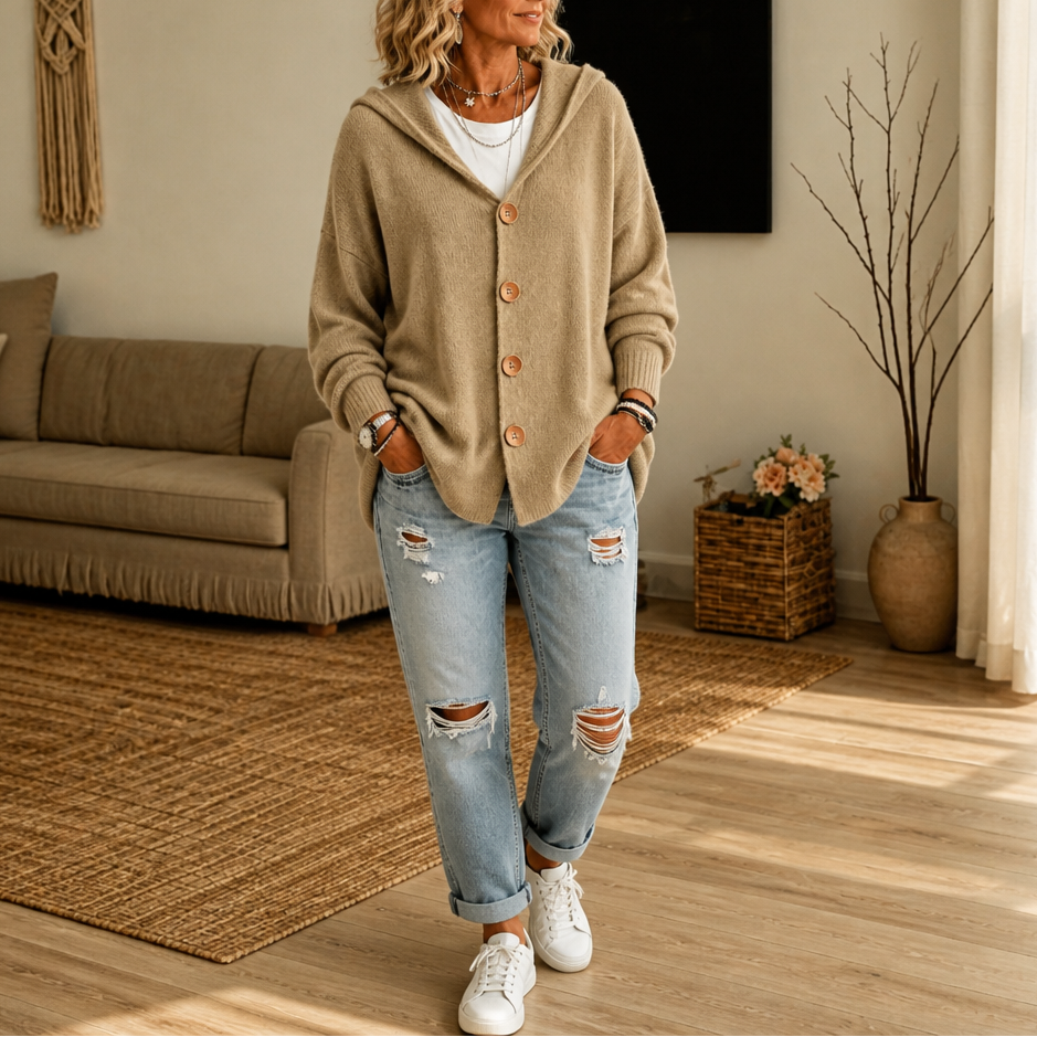 Damen Waffelstrick Cardigan Mit Kapuze Und Knopfleiste