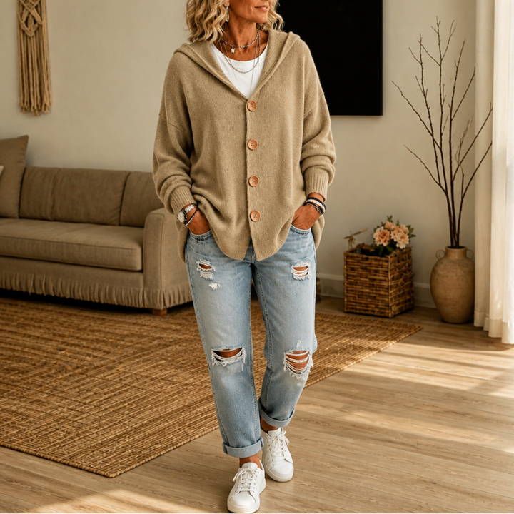 Damen Waffelstrick Cardigan Mit Kapuze Und Knopfleiste