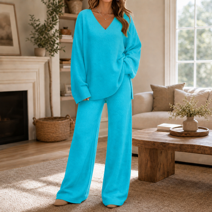 Damen Set V-Ausschnitt Pullover Und Weite Hose
