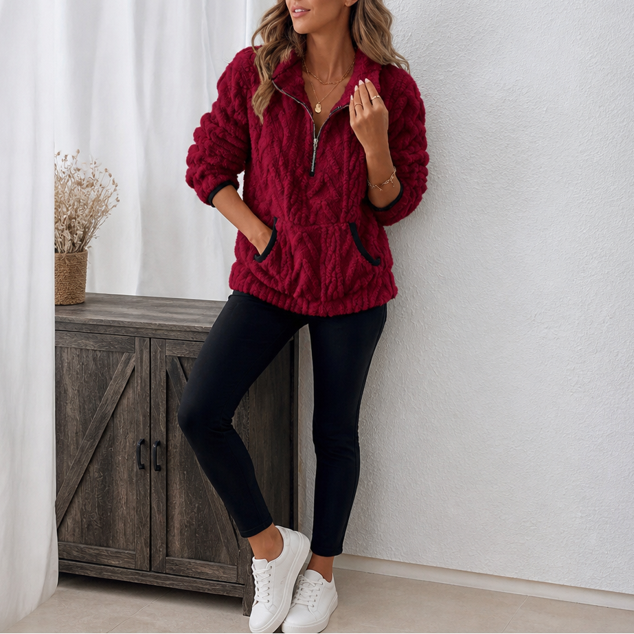 Plushly | Flauschiger Half-Zip Pullover mit Känguru-Tasche