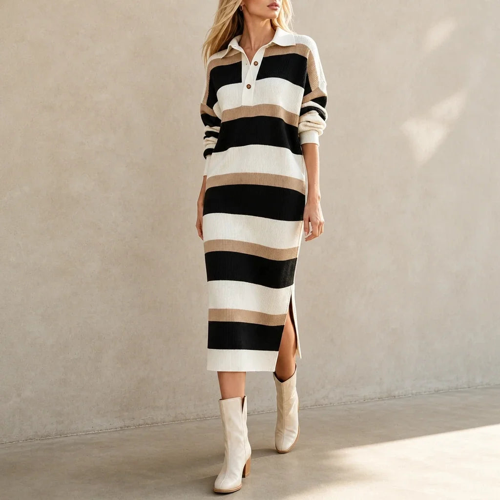 Strickkleid mit Polokragen und Streifen