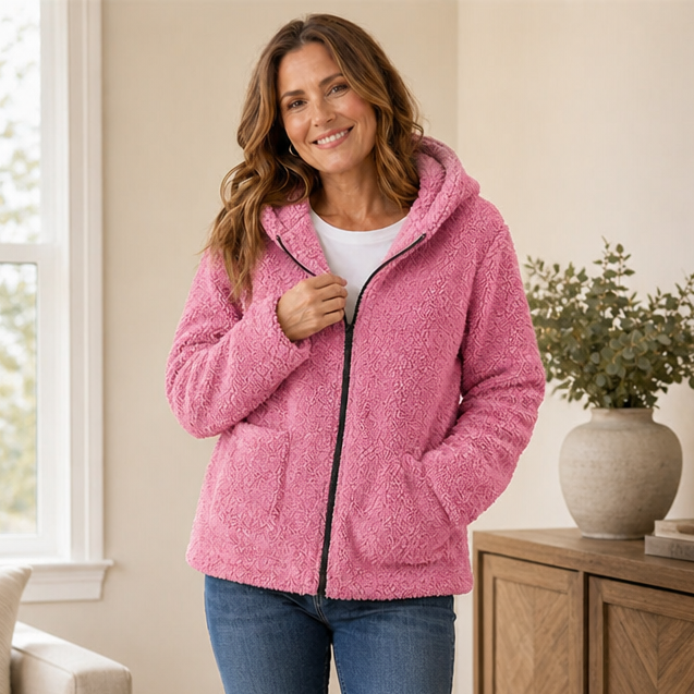 Damen Plüschfleece Jacke Mit Kapuze