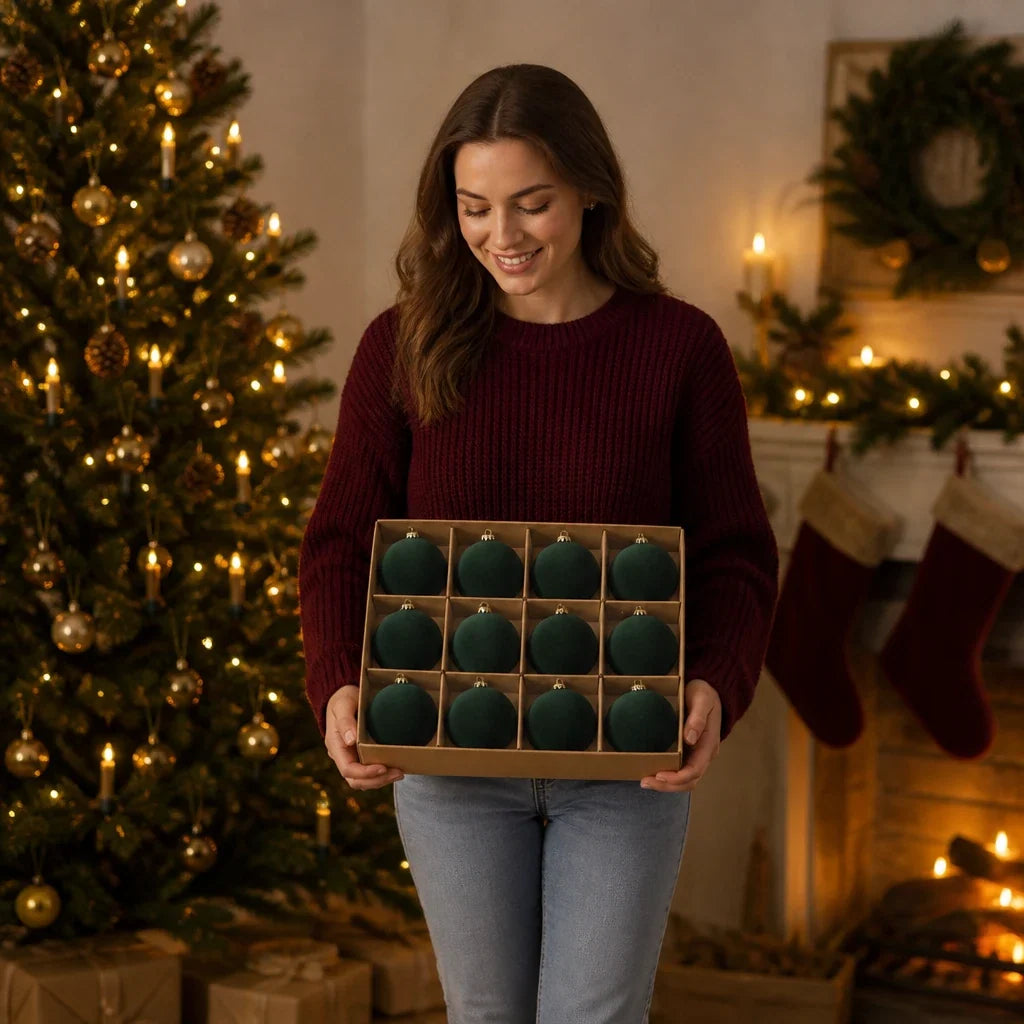 Set of 12 velvet Christmas baubles