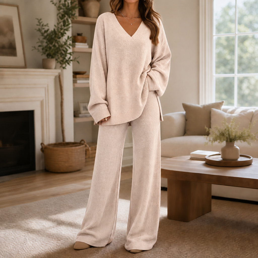 Damen Set V-Ausschnitt Pullover Und Weite Hose