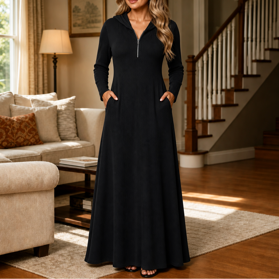 Damen Rippstrick Maxikleid Mit Kapuze