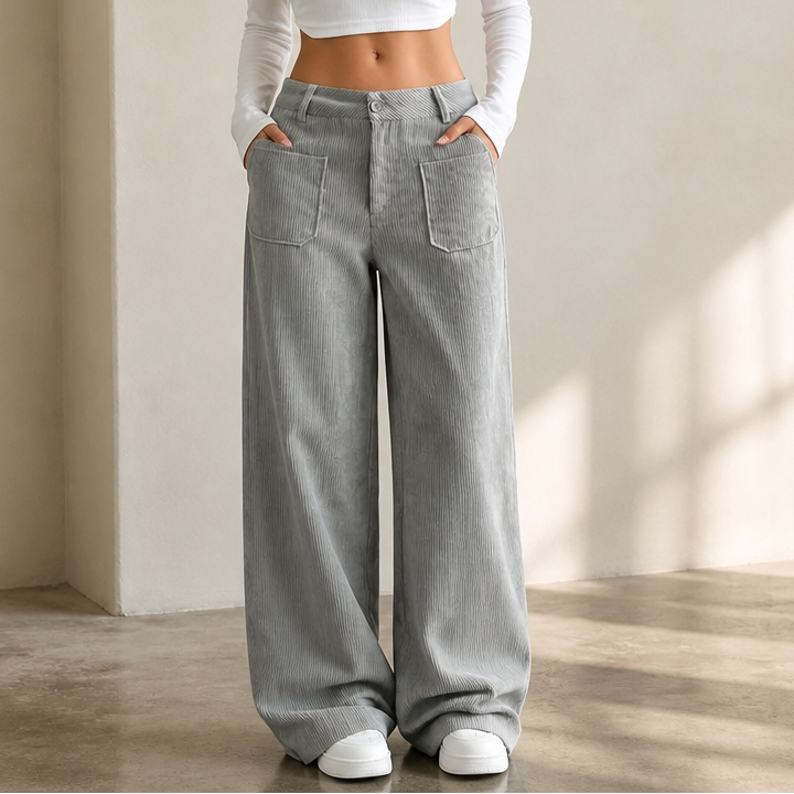 Damen Cordhose Hohe Taille Weites Bein Stretch