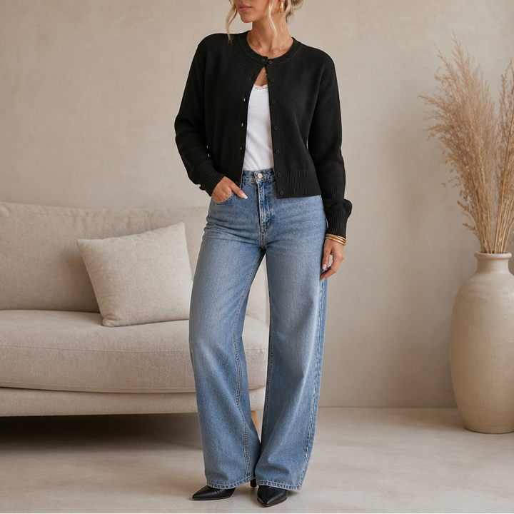 Damen Strickjacke Rundhals Einfarbig Klassisch