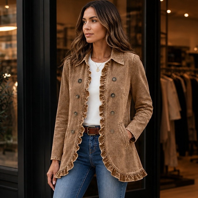 Damen Jeansjacke Mit Rüschen Und Knopfleiste