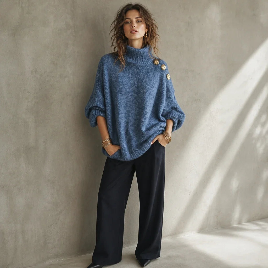 Strickpullover mit Rollkragen und Zierknöpfen an der Schulter