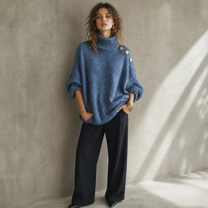 Strickpullover mit Rollkragen und Zierknöpfen an der Schulter