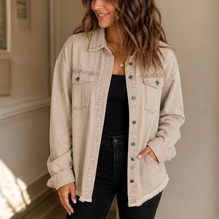 Damen Jeansjacke Mit Fransensaum Vintage Waschung