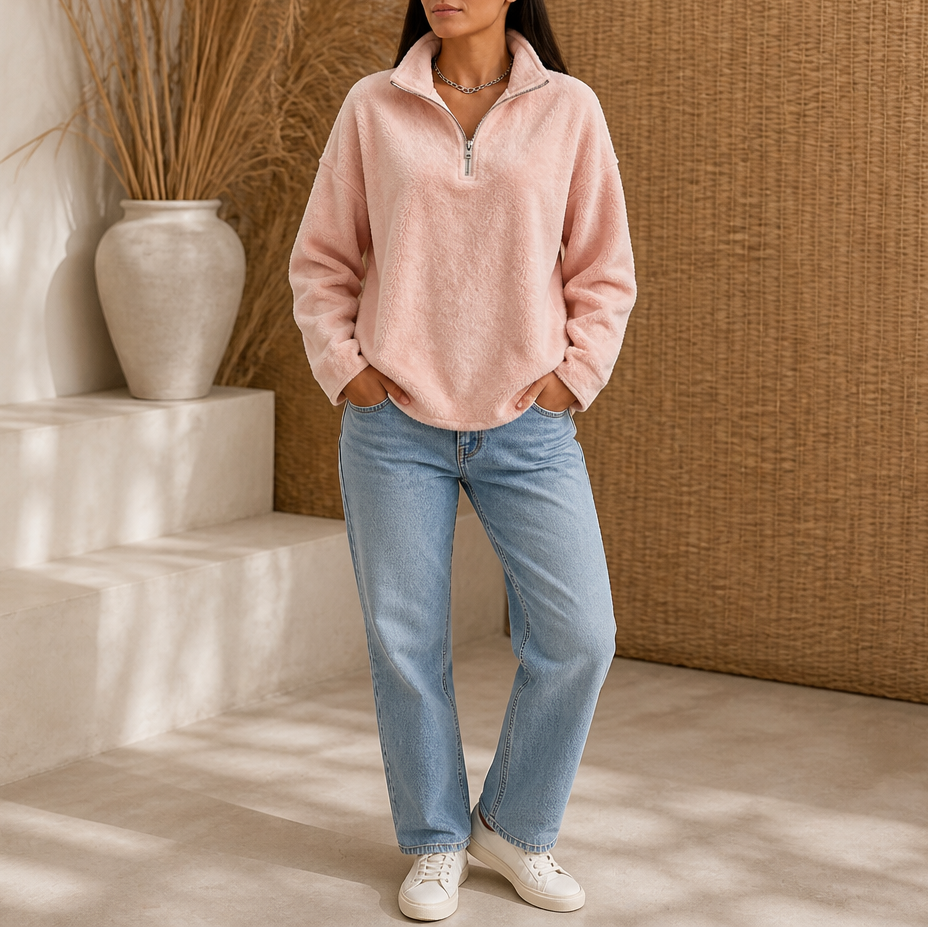 Damen Drop Shoulder Pullover Mit Viertel Reißverschluss