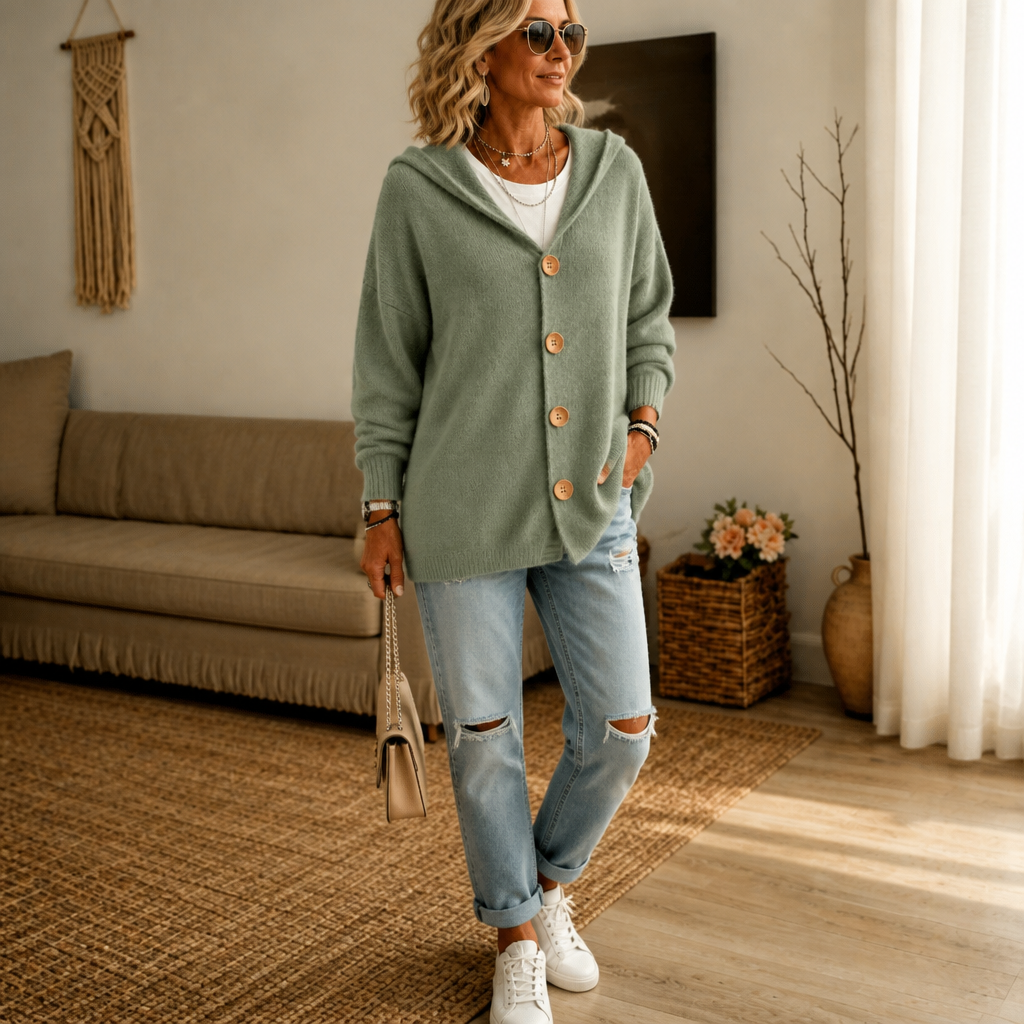 Damen Waffelstrick Cardigan Mit Kapuze Und Knopfleiste