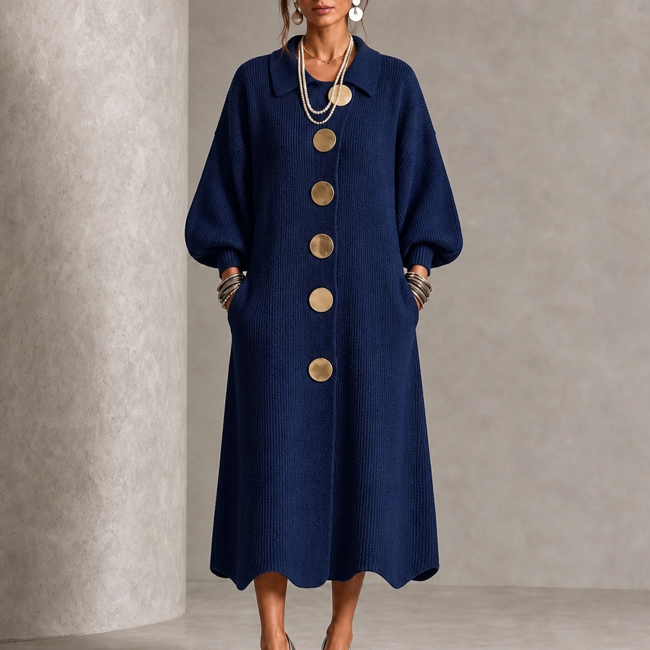 Damen Rippstrick Maxikleid Mit Laternenärmeln Und Goldenen Knöpfen
