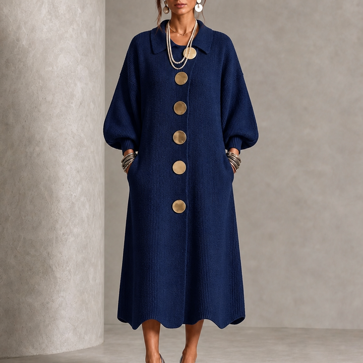 Damen Rippstrick Maxikleid Mit Laternenärmeln Und Goldenen Knöpfen
