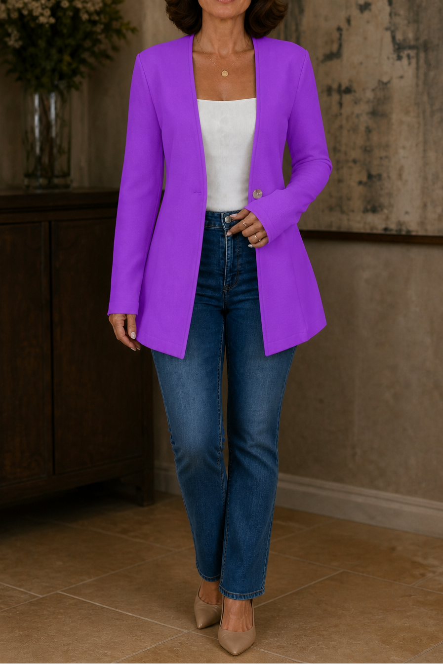 Damen Blazer V-Ausschnitt A-Linie Mit Einem Knopf