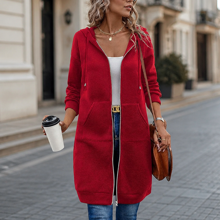 Damen Strickjacke Mittellang Mit Kapuze