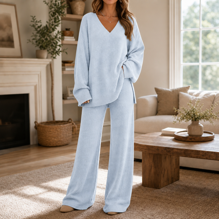 Damen Set V-Ausschnitt Pullover Und Weite Hose