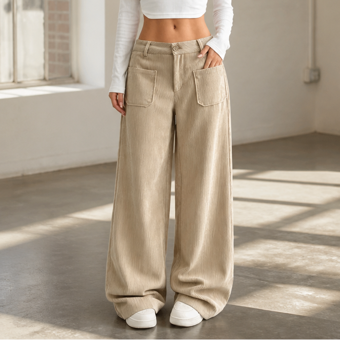 Damen Cordhose Hohe Taille Weites Bein Stretch