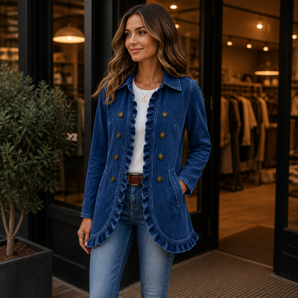 Damen Jeansjacke Mit Rüschen Und Knopfleiste