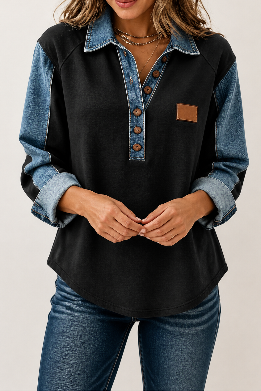 Damen Bluse Mit Denim Patchwork Und Strick