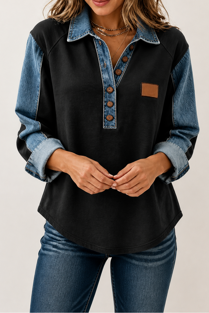 Damen Bluse Mit Denim Patchwork Und Strick