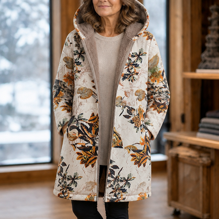 Damen Winterjacke Mit Blattmuster Und Kapuze