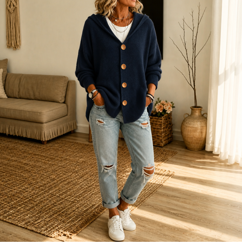 Damen Waffelstrick Cardigan Mit Kapuze Und Knopfleiste