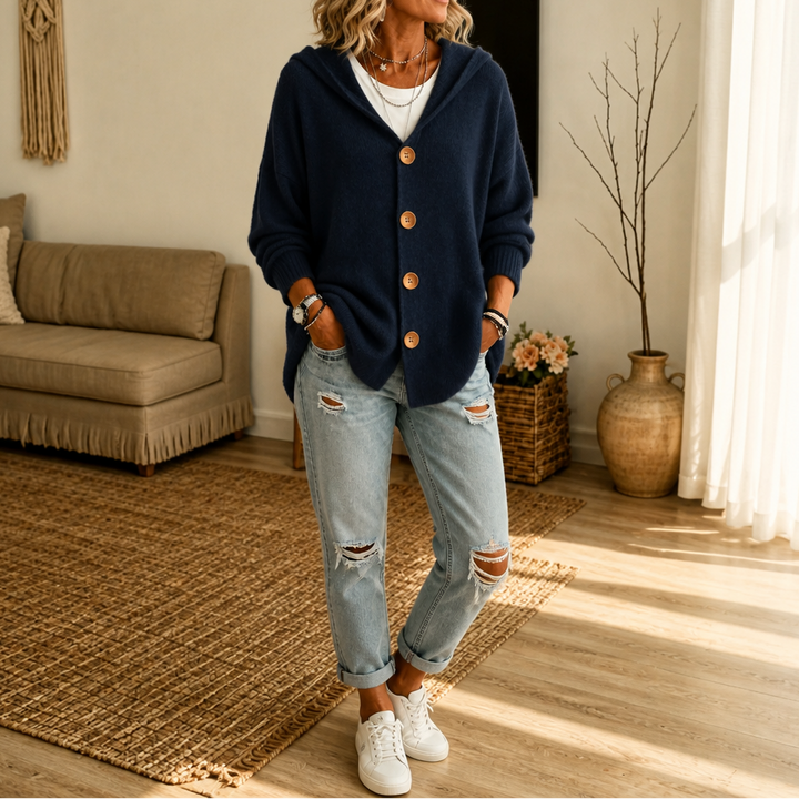 Damen Waffelstrick Cardigan Mit Kapuze Und Knopfleiste