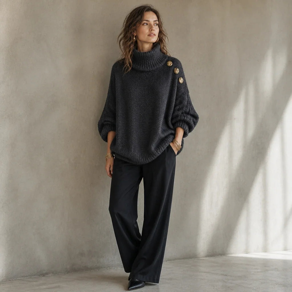Strickpullover mit Rollkragen und Zierknöpfen an der Schulter