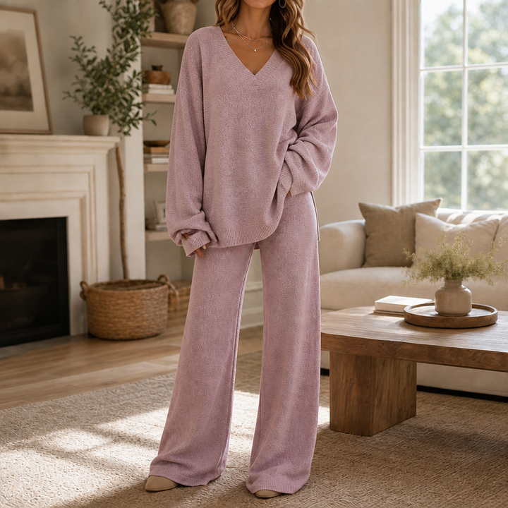 Damen Set V-Ausschnitt Pullover Und Weite Hose