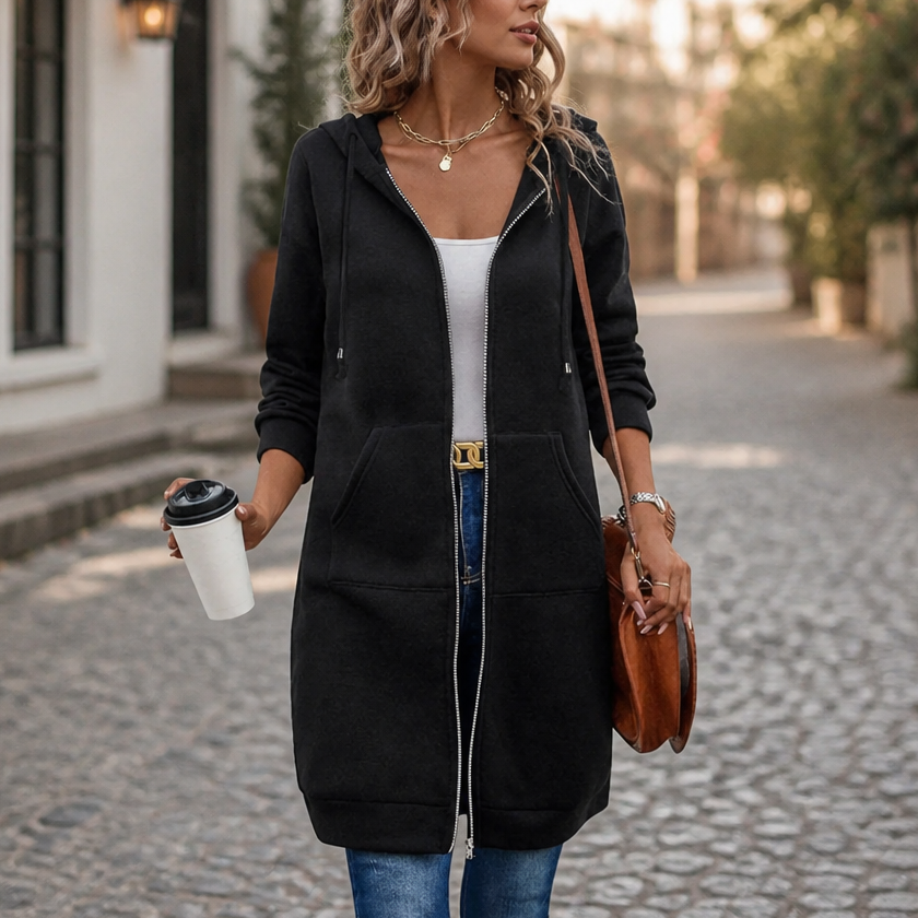 Damen Strickjacke Mittellang Mit Kapuze