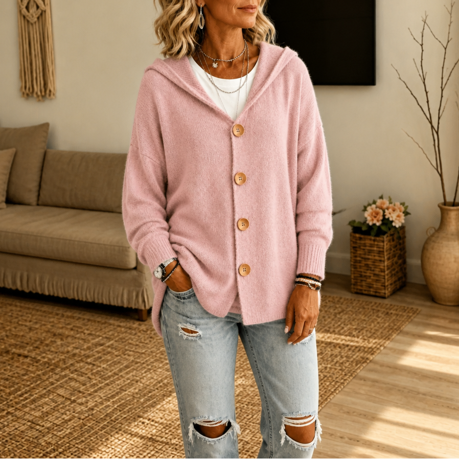 Damen Waffelstrick Cardigan Mit Kapuze Und Knopfleiste