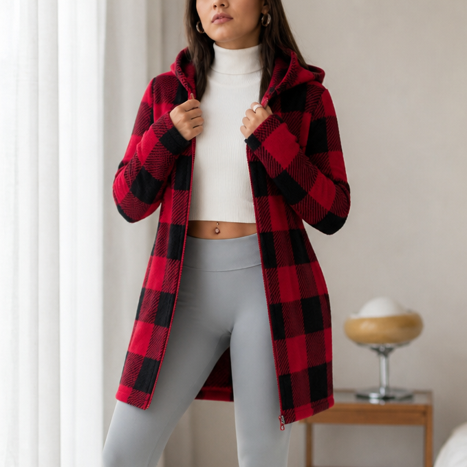 Damen Karo Hoodie-Jacke Mit Reißverschluss