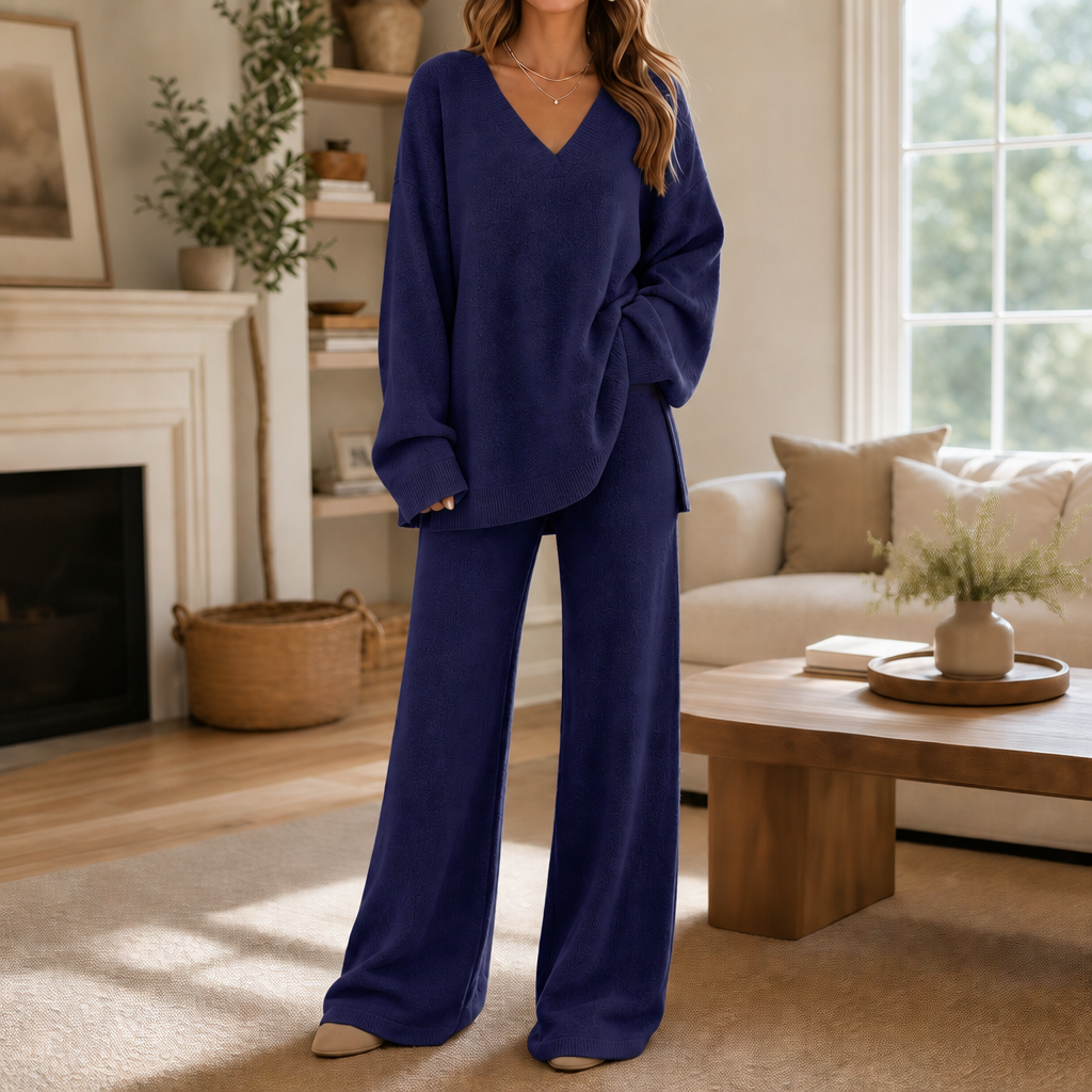 Damen Set V-Ausschnitt Pullover Und Weite Hose