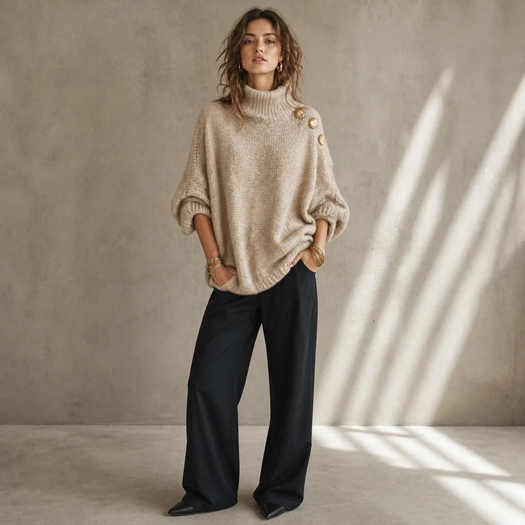 Strickpullover mit Rollkragen und Zierknöpfen an der Schulter