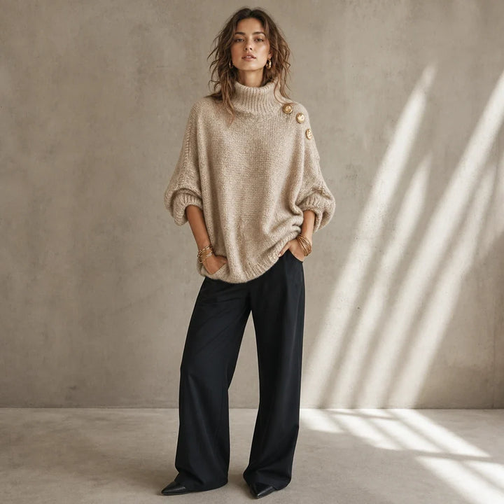 Strickpullover mit Rollkragen und Zierknöpfen an der Schulter