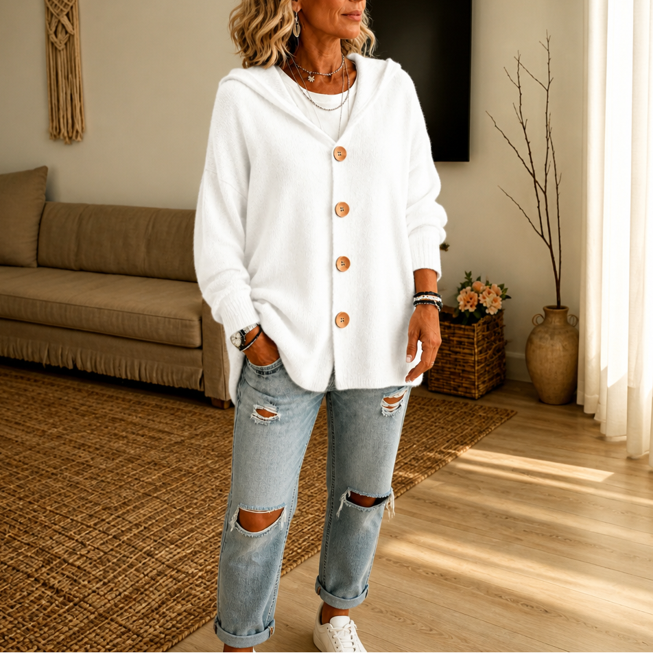 Damen Waffelstrick Cardigan Mit Kapuze Und Knopfleiste
