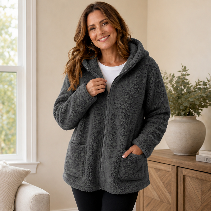 Damen Plüschfleece Jacke Mit Kapuze
