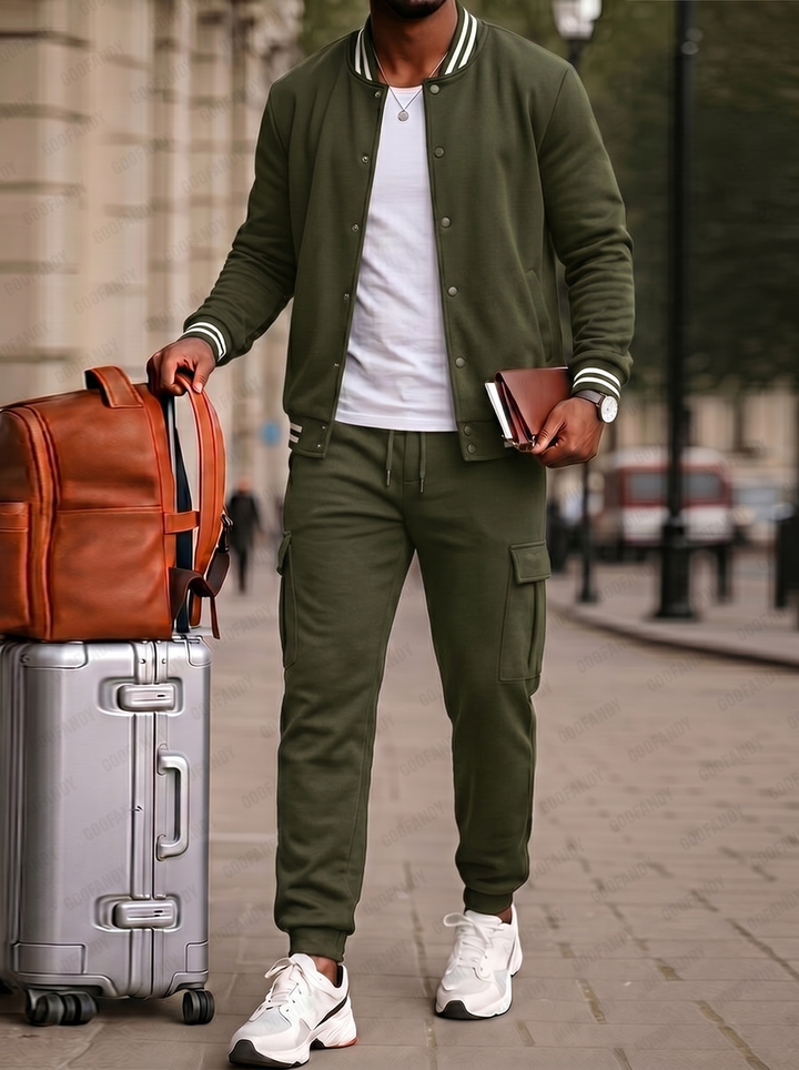 Men's Baseball Jacket & Cargo Jogger Set – Sporty-Casual with Contrast Stripes