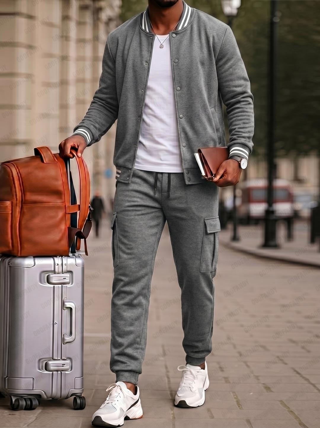 Men's Baseball Jacket & Cargo Jogger Set – Sporty-Casual with Contrast Stripes
